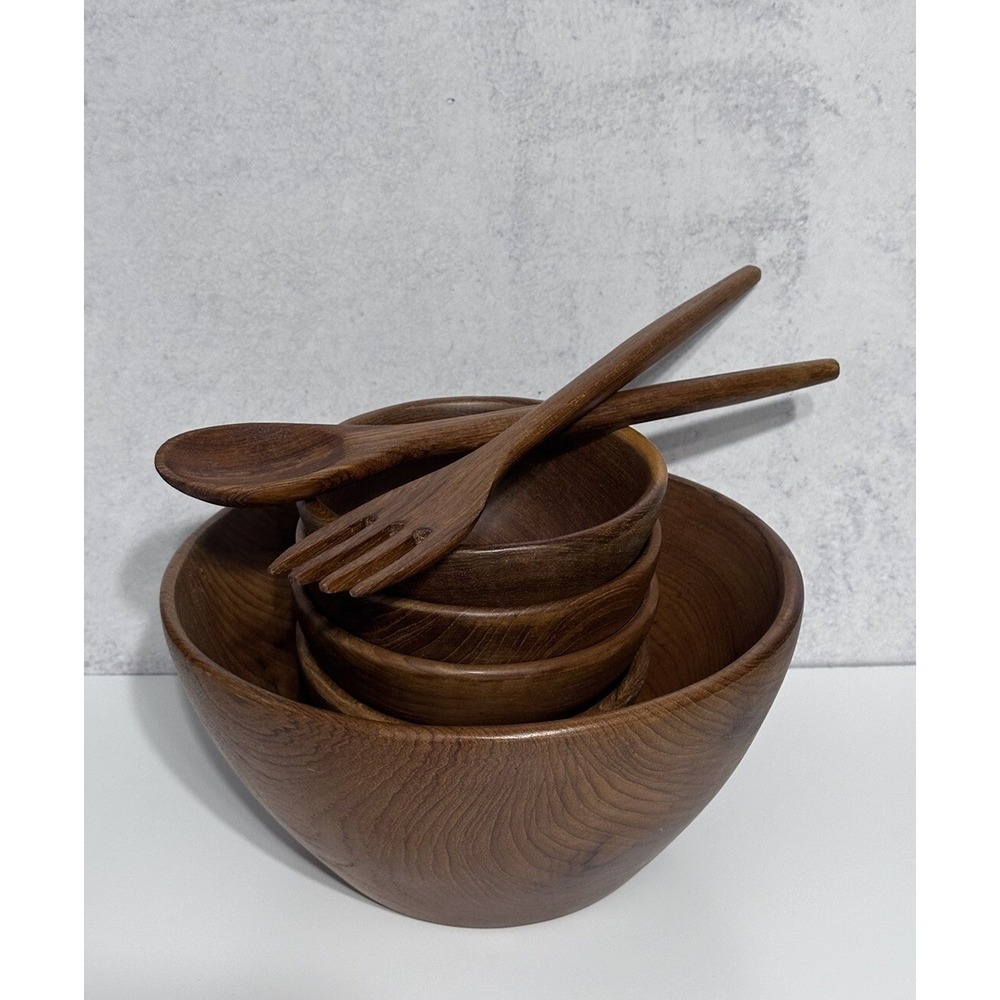 Vintage MCM Hand Crafted Teak Wood Salad Bowls Large Round 7 Piece Set Thailand